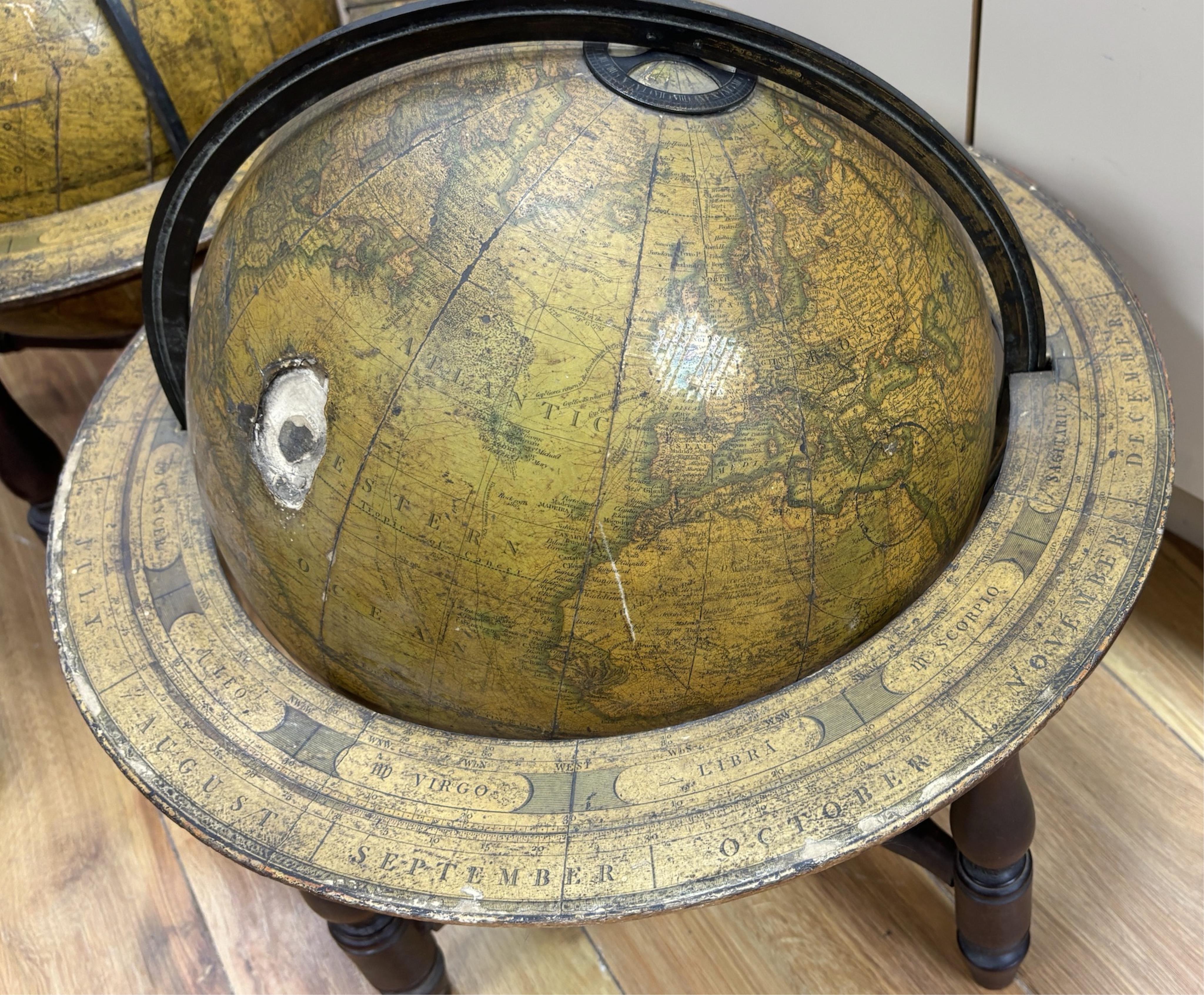 A pair of early to mid-19th century Cary celestial and terrestrial 12 inch globes with associated stands, each globe on a turned mahogany frame with applied paper zodiac and month ring at the equator